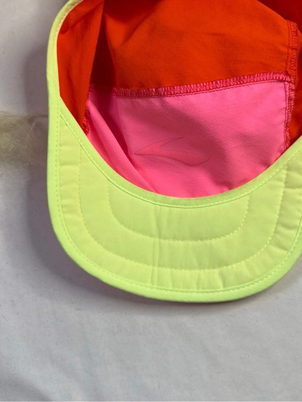Brooks Pink and Orange Performance Running Cap with Lime Trim